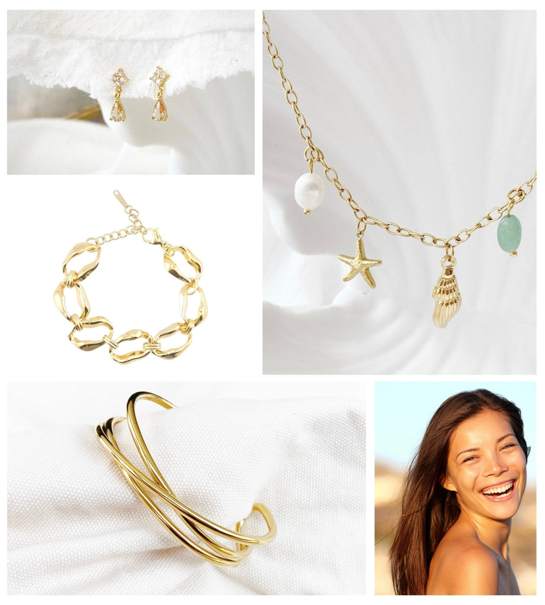 Vergoldeter Modeschmuck Collage mit lachender Frau