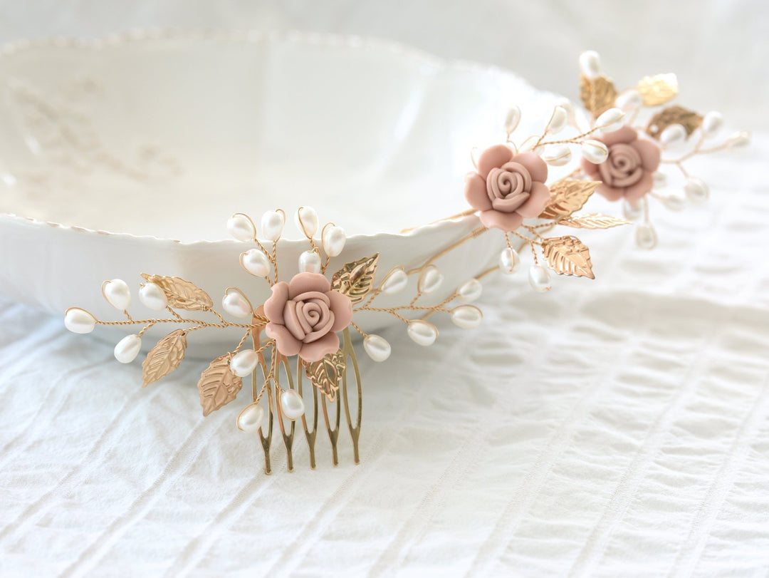 Braut Haarschmuck Set mit rosafarbenen Rosen | ROSALIE - ALICIA'S DIARY®