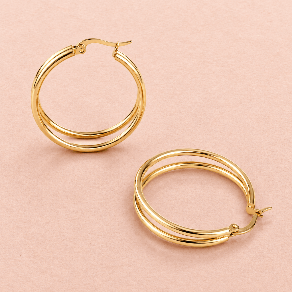 Goldene Edelstahl Creolen 30mm, doppelte Creolen groß, Creolen in Gold Boho Style, goldene Edelstahl Creolen mit Doppelring