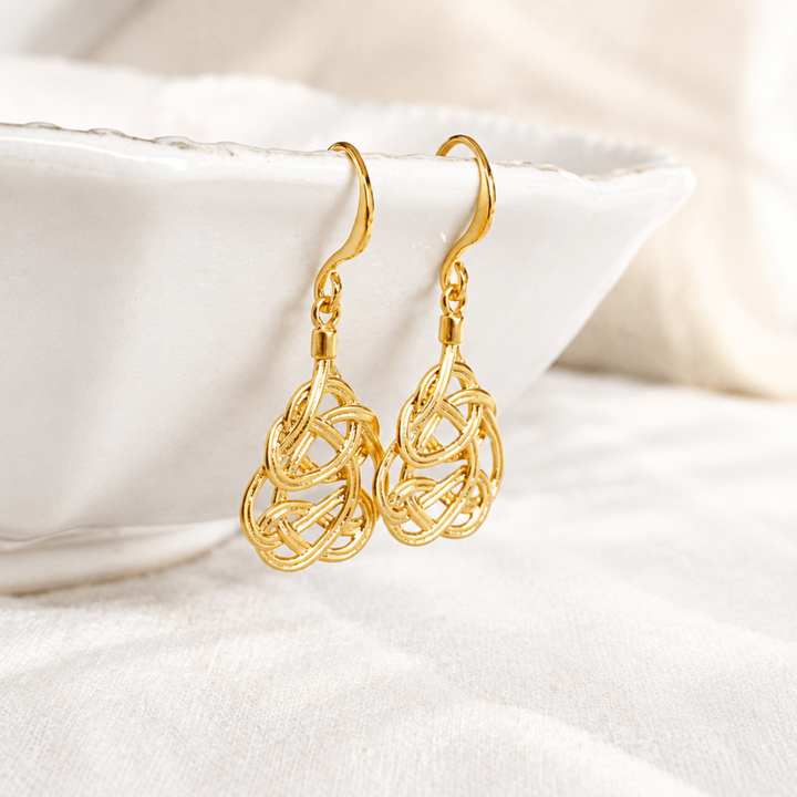 Ornament Ohrringe Gold, Damen Ohrringe Gold hängend, goldene geflochtene Ohrringe für junge Frauen, Boho Schmuck für Damen