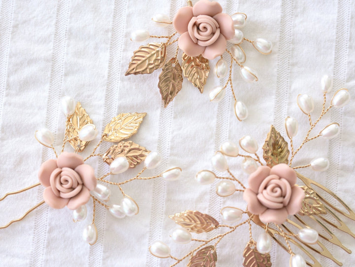 Braut Haarschmuck Set mit rosafarbenen Rosen | ROSALIE - ALICIA'S DIARY®