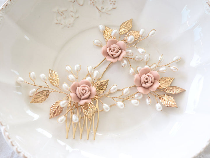 Braut Haarschmuck Set mit rosafarbenen Rosen | ROSALIE - ALICIA'S DIARY®