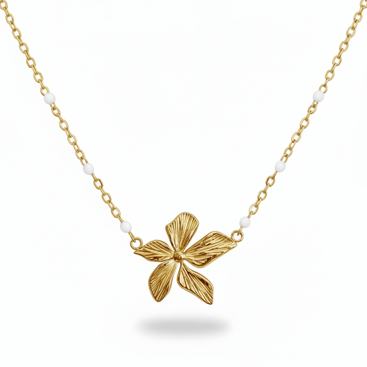 Goldene Halskette aus vergoldetem Edelstahl mit Hibiskus Blume und weißen Perlen, Beach Girl Inso Schmuck