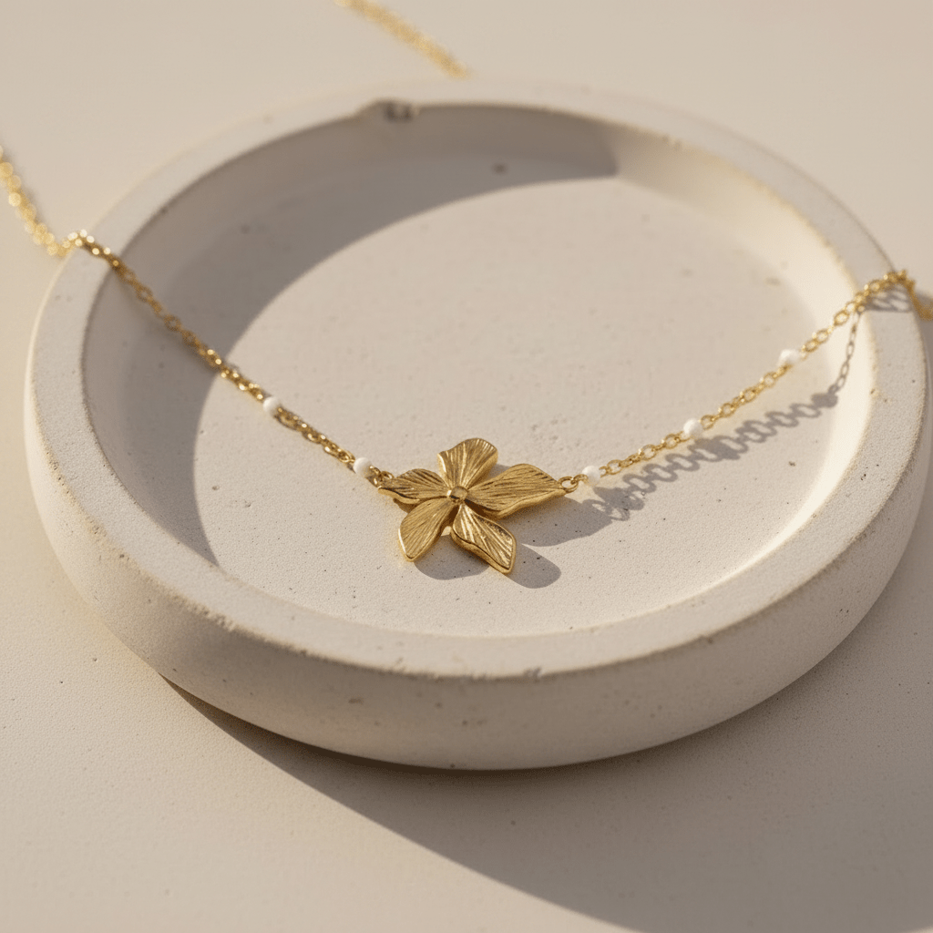 Gold-plated stainless steel necklace with hibiscus flower and white pearls, Beach Girl Inspo Jewelry