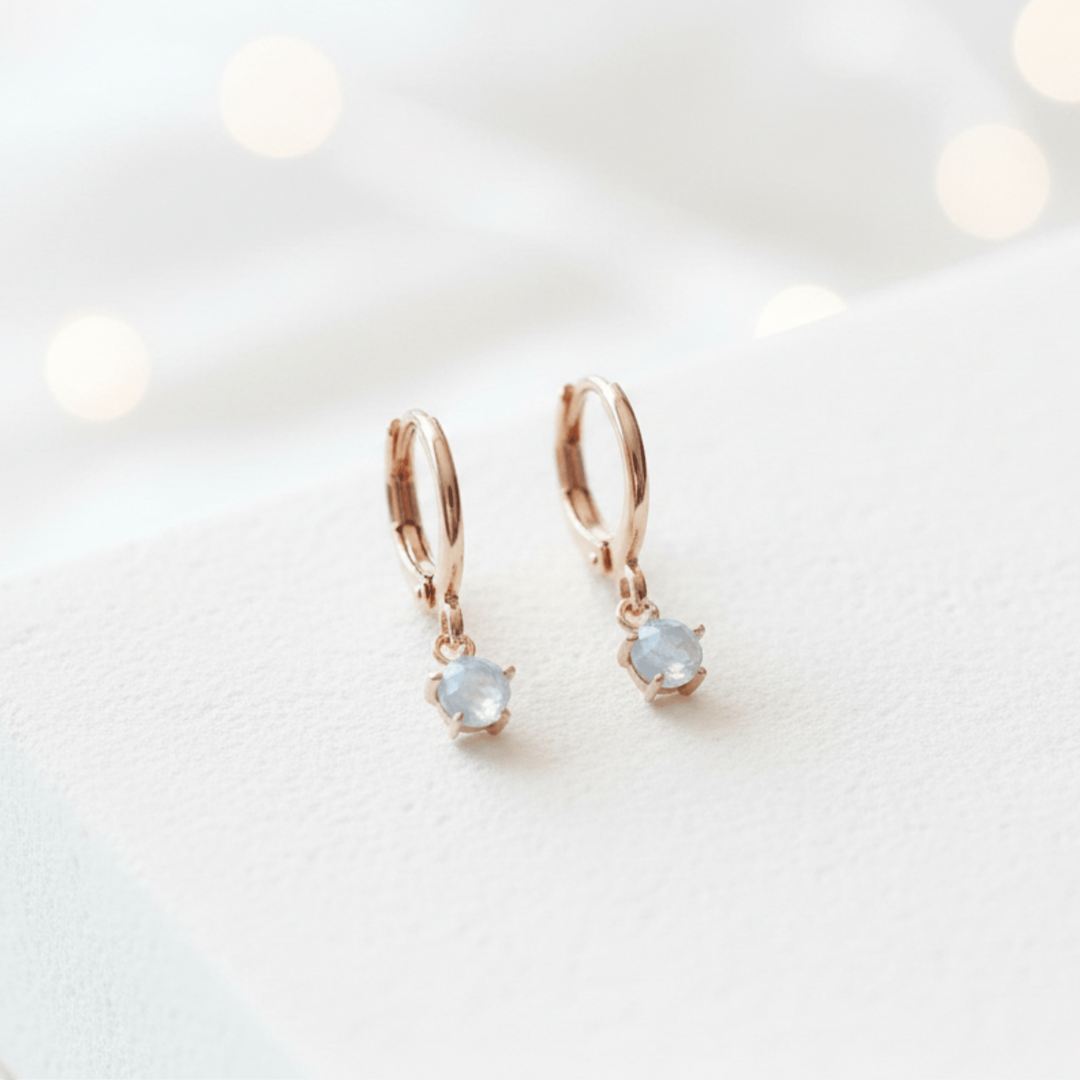Aquamarin Ohrringe rosegold, Ohrringe mit echtem Aquamarin, hängende Ohrringe gold &amp; blau, rosegoldene Creolen mit Steinen