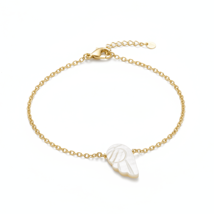 Goldenes Armband mit Engel, schlichtes Armband Damen gold, 14k Gold Filled Armband, Gold Armband Damen Perlmutt, Engelschmuck