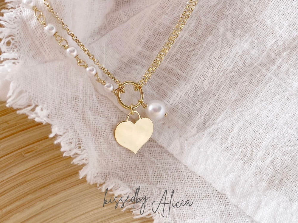 Mehrreihige Kette mit Herz und großer Perle, goldene Halskette mit Anhänger, romantisches Geschenk für Frau, Alicia's Diary