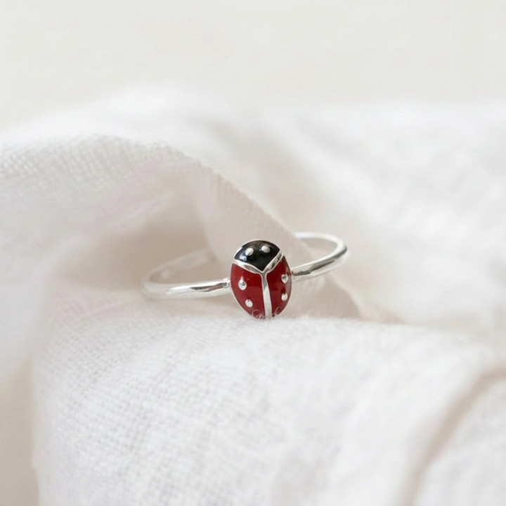 Größen verstellbarer Fingerring für Kinder mit Marienkäfermotiv, 925 Silber Ring für Mädchen als Geschenk zu Einschulung, Weihnachten