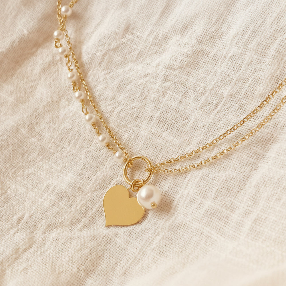 Mehrreihige Kette mit Herz und großer Perle, goldene Halskette mit Anhänger, romantisches Geschenk für Frau, Alicia's Diary®