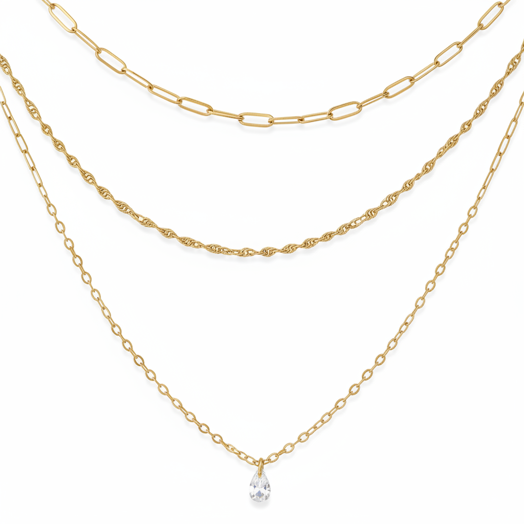 Goldene mehrreihige Halskette aus Edelstahl mit kleinem Kristall Anhänger, Necklace Stacking gold, Schmuck für junge Frauen