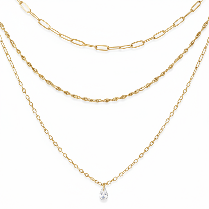 Goldene mehrreihige Halskette aus Edelstahl mit kleinem Kristall Anhänger, Necklace Stacking gold, Schmuck für junge Frauen