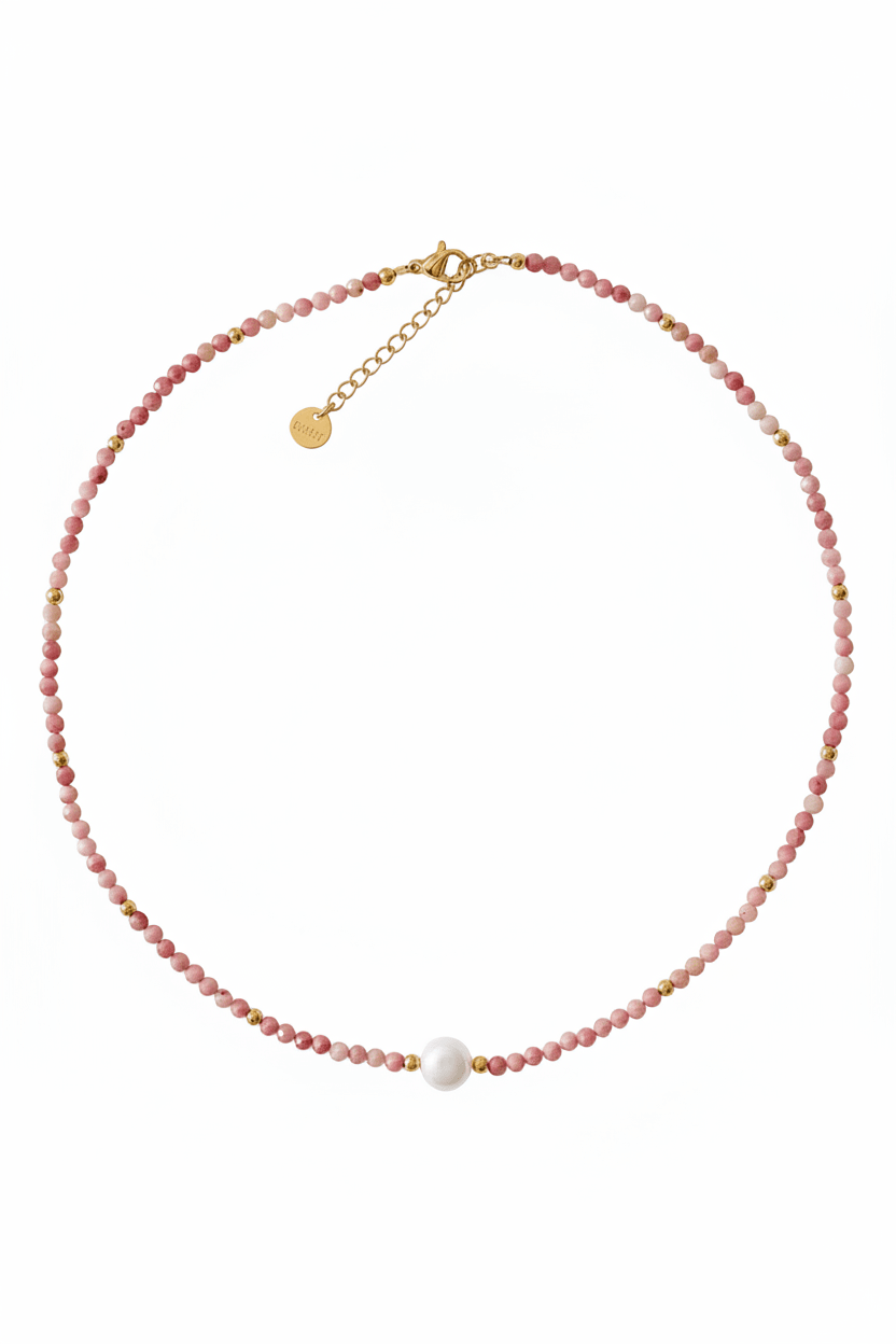 Genuine pearl necklace with pink and rose-colored gemstones and gold stainless steel beads, vintage jewelry for young women