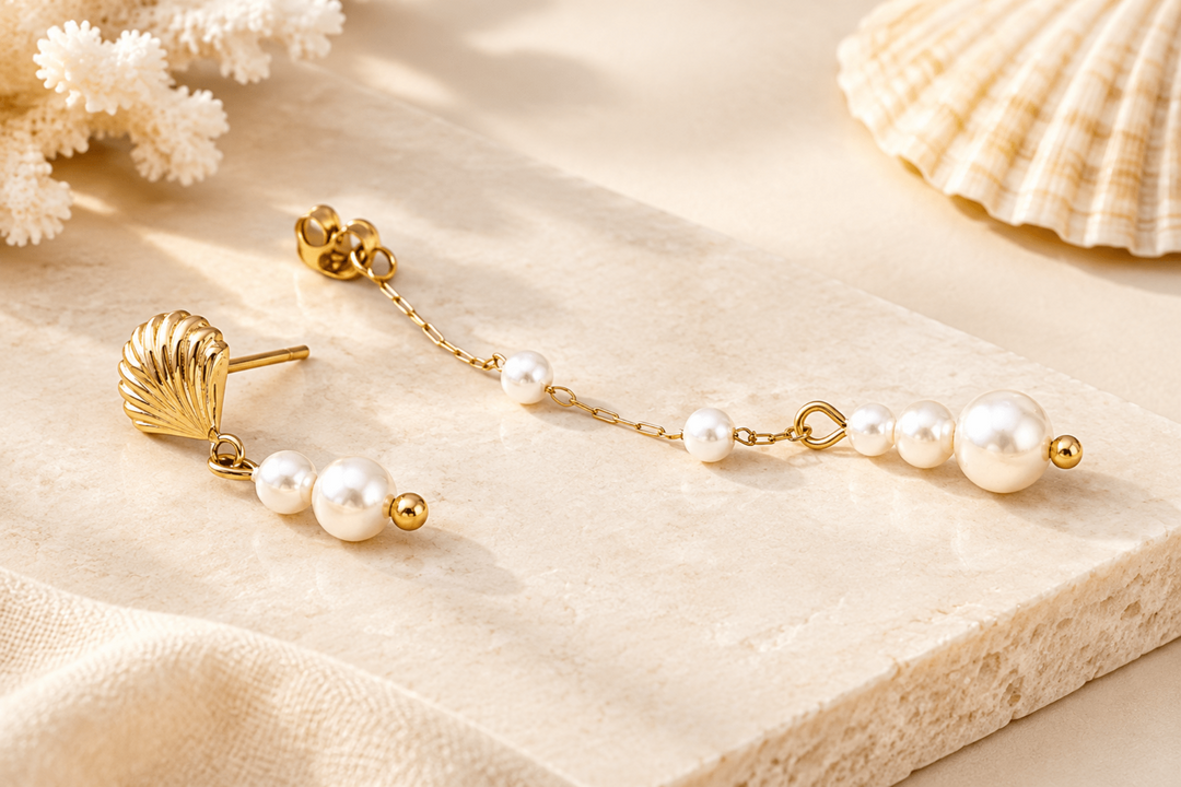 Beach Girl Jewelry, Muschel Ohrringe hängend Gold, Ohrring Edelstahl vergoldet, wasserfeste Ohrringe Gold mit Muscheln