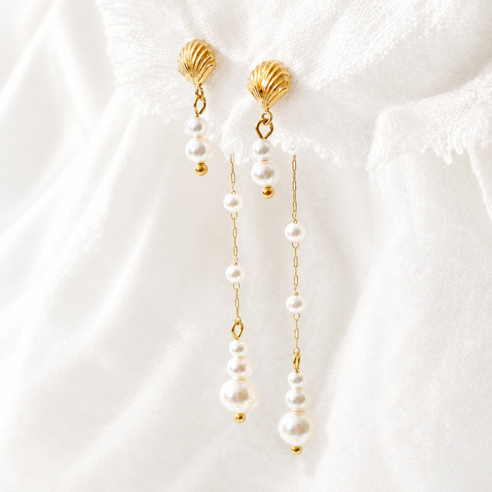 Long Beach Earrings with Shells and Pearls - Alicia's Diary®
