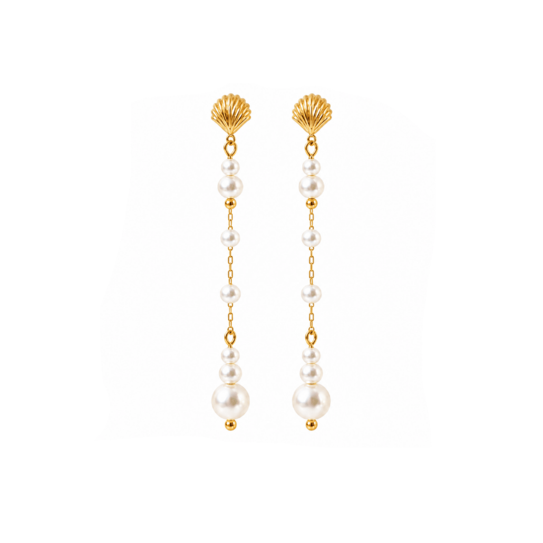 Boho Schmuck Damen Gold, Sommer Ohrringe Gold, Muschel Ohrhänger, wasserfeste Ohrringe gold, lange Muschel Ohrringe Mädchen