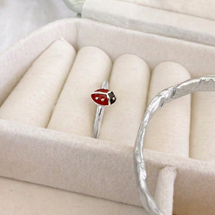 Silberner Marienkäfer Kinder Ring, verstellbarer Fingerring für kleine Mädchen, Schmuck Geschenk Kinder Geburtstag, Einschulung