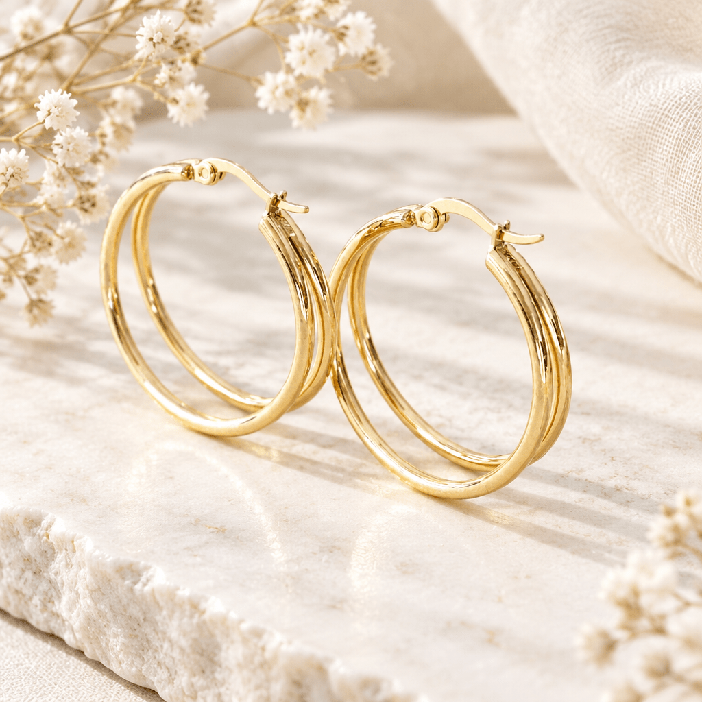 Ohrringe doppel Creolen 3cm, runde doppelte Creolen, Edelstahl Creolen Damen gold, schlichte Creolen mit zwei Ringen, doppelt