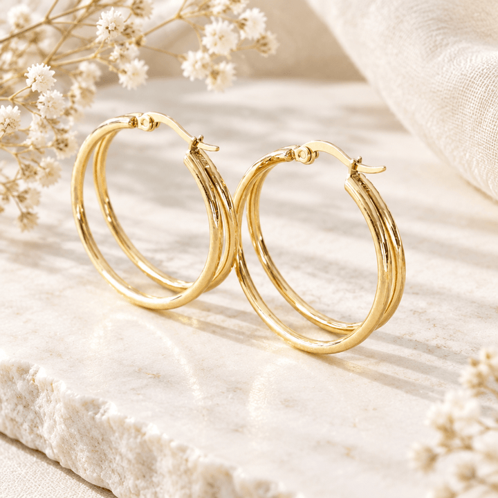 Ohrringe doppel Creolen 3cm, runde doppelte Creolen, Edelstahl Creolen Damen gold, schlichte Creolen mit zwei Ringen, doppelt