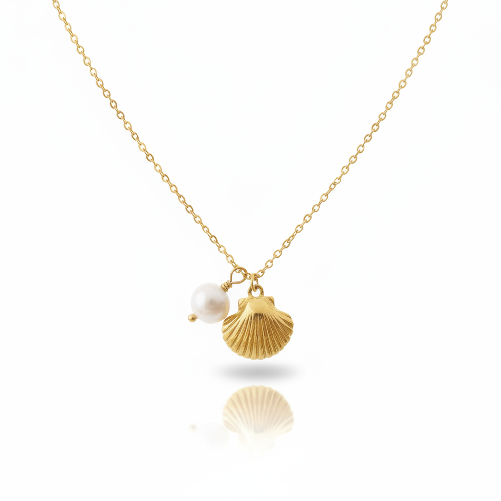 Goldene Halskette mit Perle und Muschel aus wasserfestem Edelstahl, Beach Girl Schmuck Inspo für junge Frauen, Mädchen und Teenager