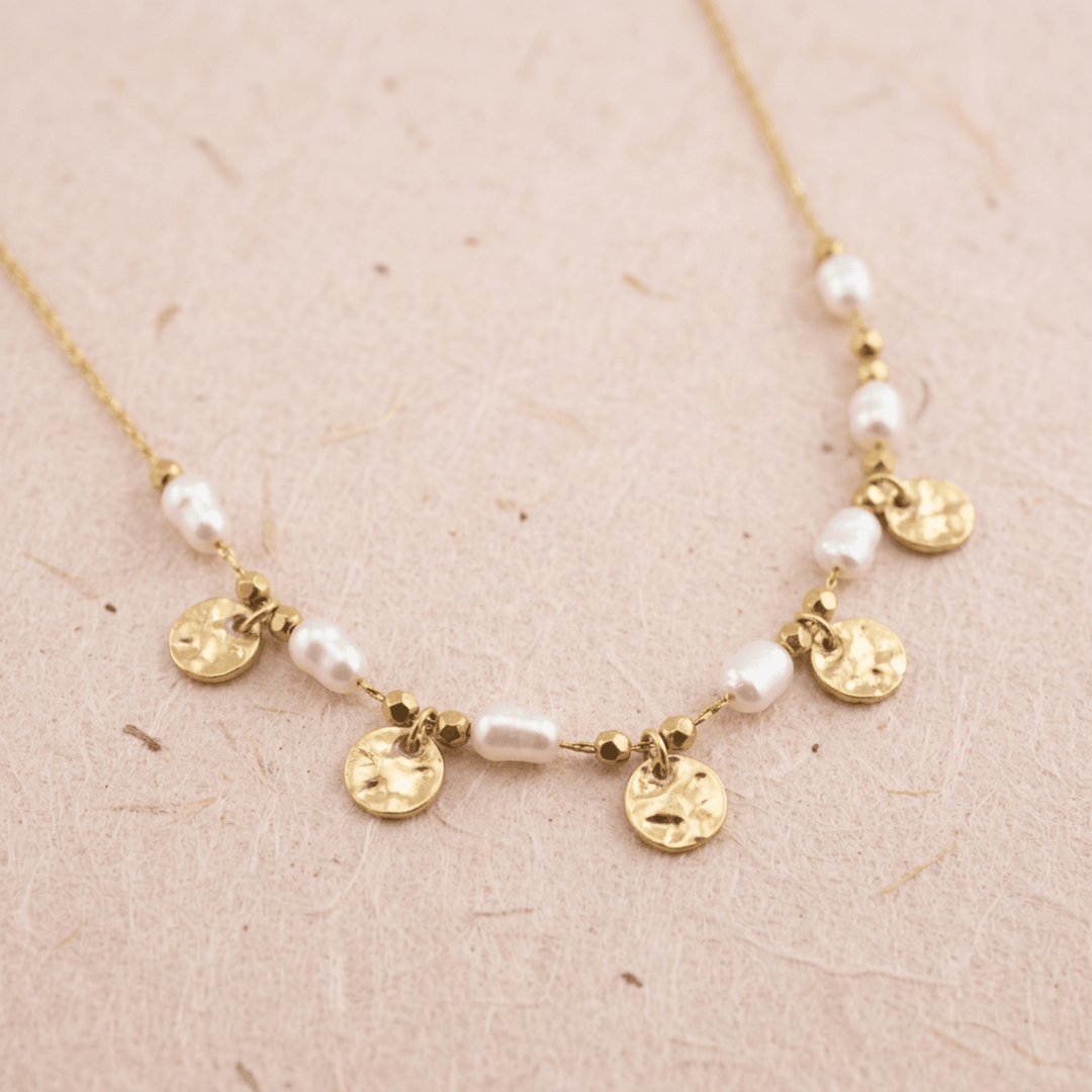 Coins’n’Pearls necklace in boho-chic style – beach girl – thin, delicate, dainty stainless steel