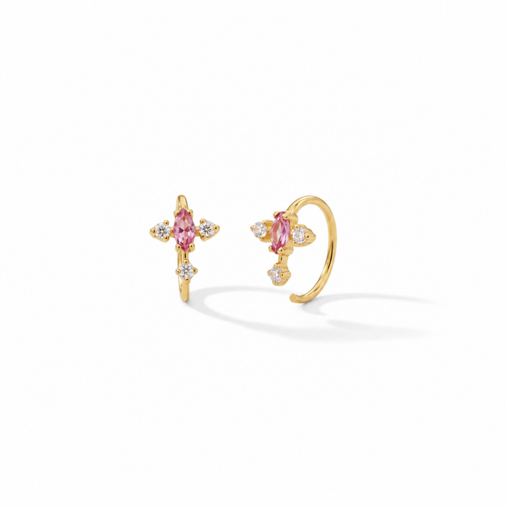 Feine Gold Creolen mit rosa Stein, Sommer Ohrringe Gold, kleine Creolen mit Stein, gold Ohrringe mit pinkem Stein, rosa Kreuz
