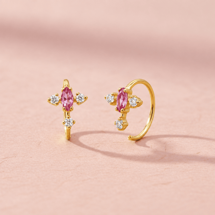 Gold Creolen mit bunten Steinen, goldene Creolen offen, Ohrringe Gold mit pinkem Stein, Kreuz Ohrringe mit Steinen, rosa