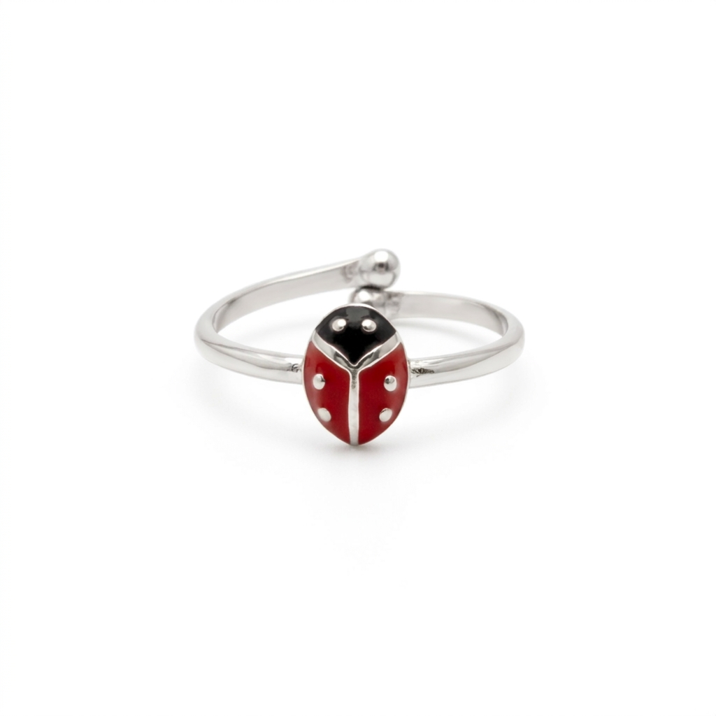 Verstellbarer silberner Kinderring mit rot-schwarzem Marienkäfer, versilberter Ring für Mädchen, Geschenk Einschulung, Zahnfee