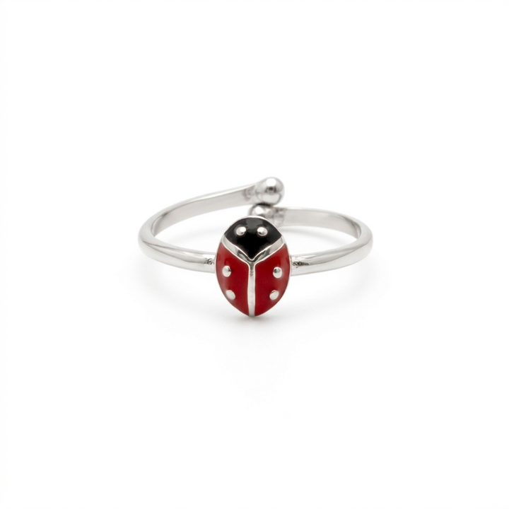 Verstellbarer silberner Kinderring mit rot-schwarzem Marienkäfer, versilberter Ring für Mädchen, Geschenk Einschulung, Zahnfee