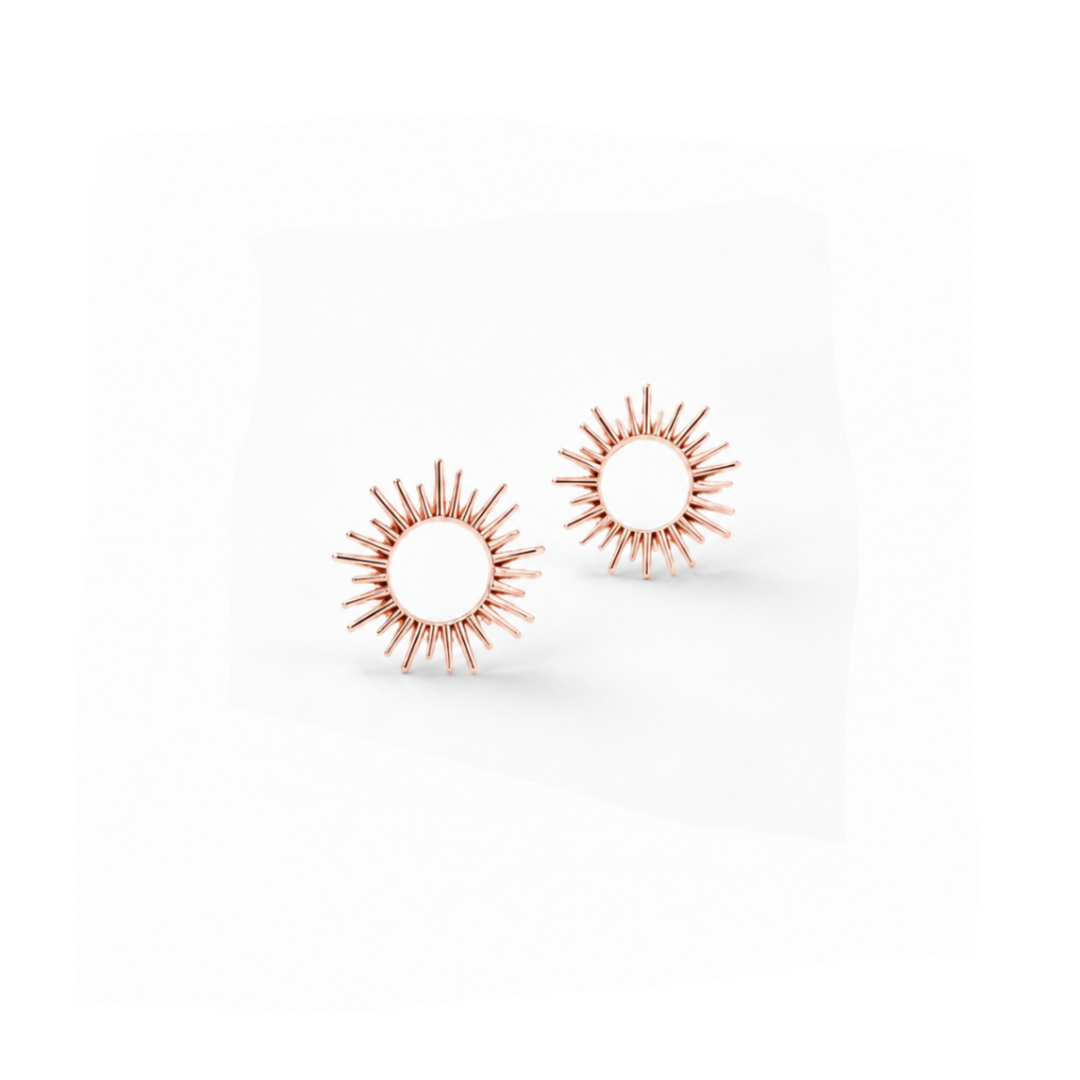 Sonnen Ohrringe, Sonnenschmuck aus 925 Silber rotvergoldet, roségold, junger cooler Schmuck