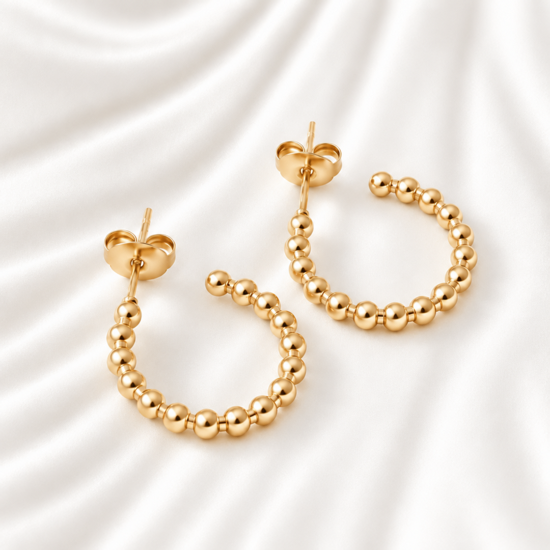 Kugel Creolen Gold, Beach Girl Schmuck, wasserfeste Gold Ohrringe für Damen, Creolen mit Kugeln, Perlen Ohrringe Edelstahl