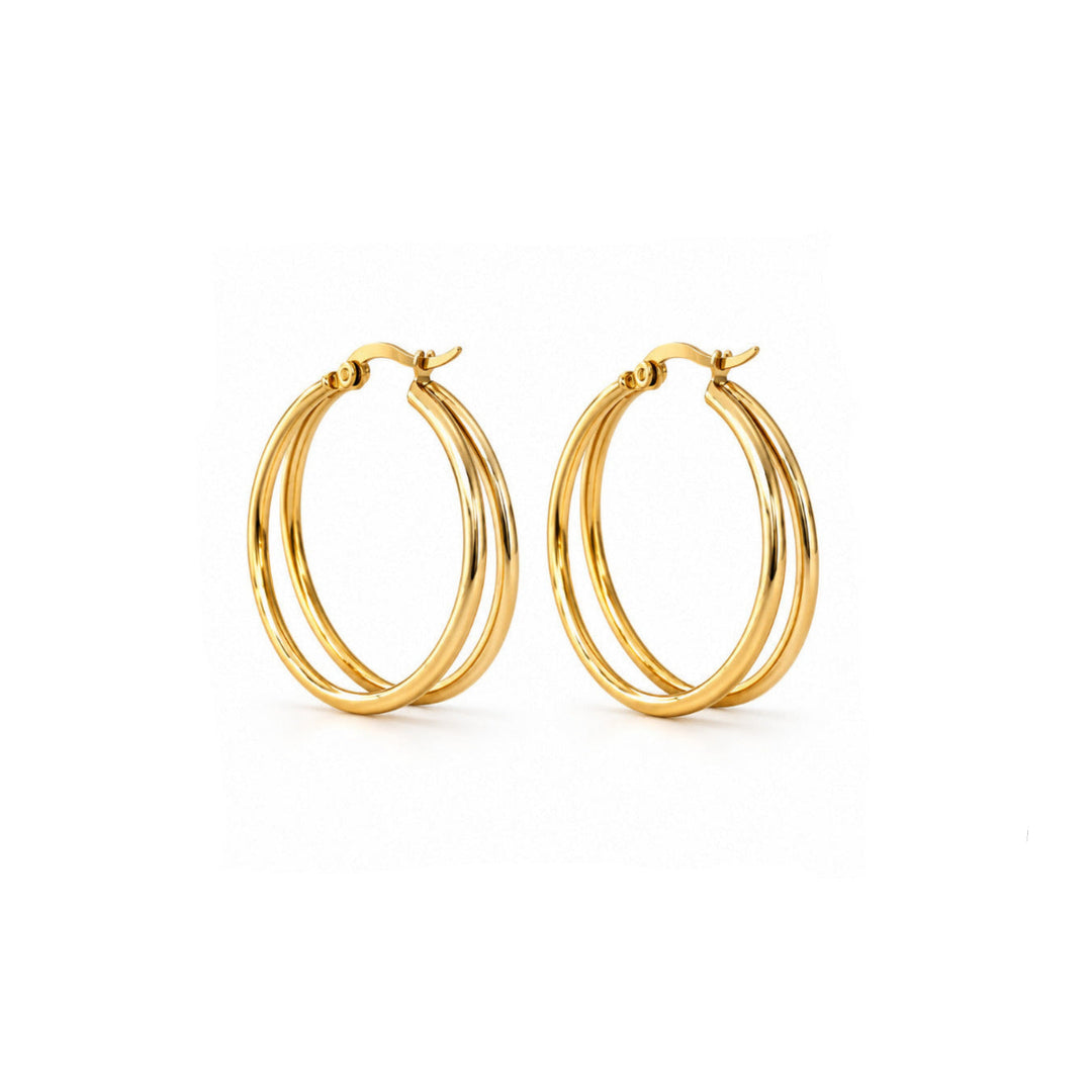 Edelstahl Creolen Gold breit, Ohrringe Gold Doppelring, Gold Creolen Boho Style, Doppel Hoop Ohrringe, Gold Creolen groß, 3cm