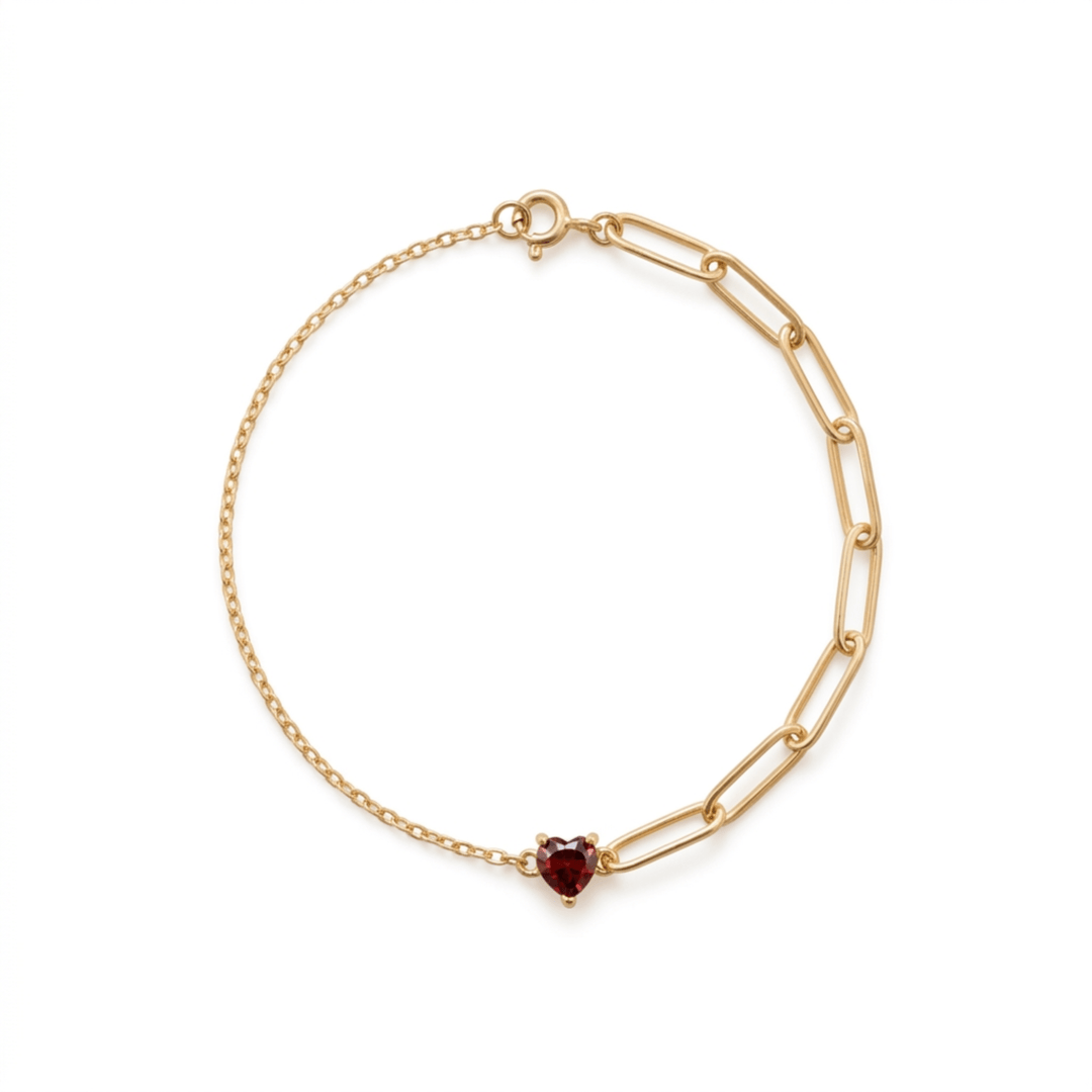 Goldenes Paperclip Armband mit rotem Herz Anhänger, Partner Schmuck Mutter Kind, Kinder Armband online bestellen