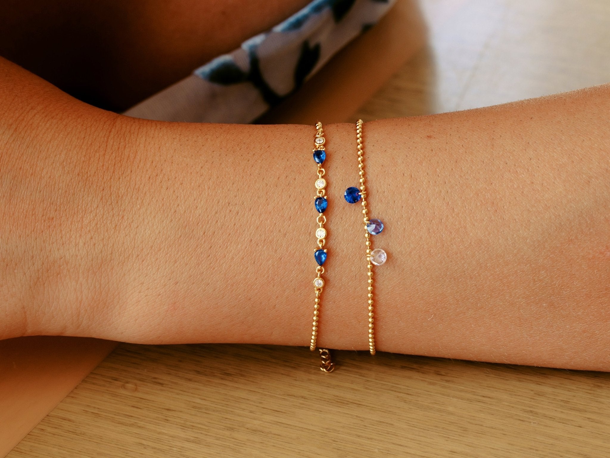 Arm Stack gold, delicate beaded bracelets with blue crystals, beautiful jewelry for young women from Alicia's Diary