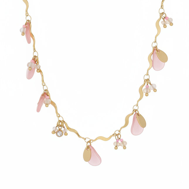 Goldene Edelstein Halskette im Beach Girls Tropical Hotel Style, bunter Schmuck für Restaurant, Cafe, Hotel und Urlaub, Focus auf gold und rosa