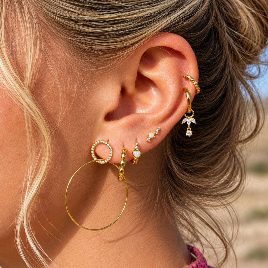 Beach girl jewelry inspo, waterproof gold earrings, earrings with stones, opal, medium gold-plated sterling silver hoops