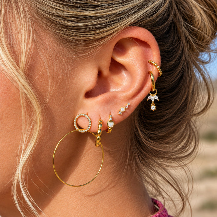 Beach girl jewelry inspo, waterproof gold earrings, earrings with stones, opal, medium gold-plated sterling silver hoops