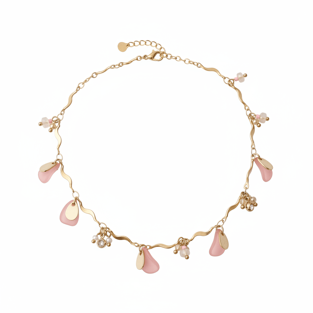 Goldene Edelstahl Halskette im Beach Girls Tropical Style, bunter Schmuck für Restaurant, Cafe, Hotel und Urlaub, Focus auf gold und rosa