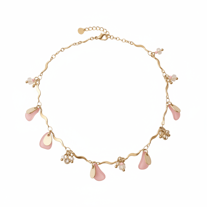 Goldene Edelstahl Halskette im Beach Girls Tropical Style, bunter Schmuck für Restaurant, Cafe, Hotel und Urlaub, Focus auf gold und rosa