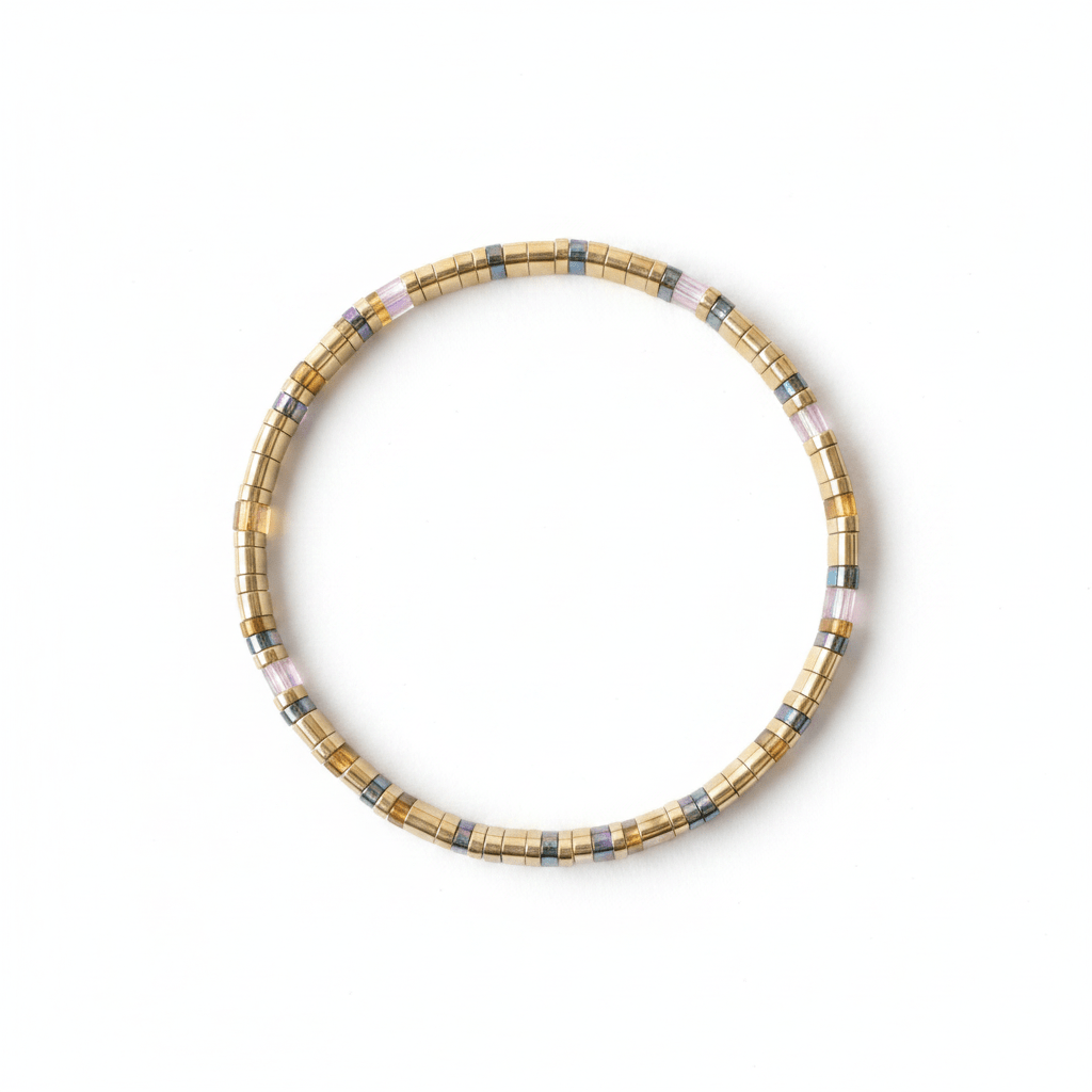 Stretch Perlen Armband mit flachen Lampwork Perlen, changierende Perlen, goldene Glasperlen, besonderer Schmuck für junge Frauen