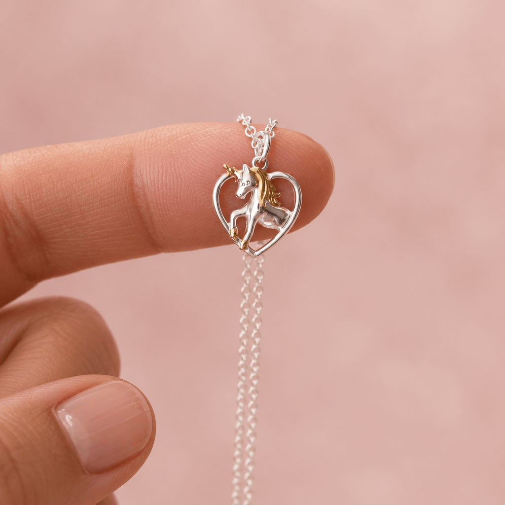 Bijou enfant bicolore, collier fille solide en argent avec licorne et cœur, argent hypoallergénique, à acheter en ligne