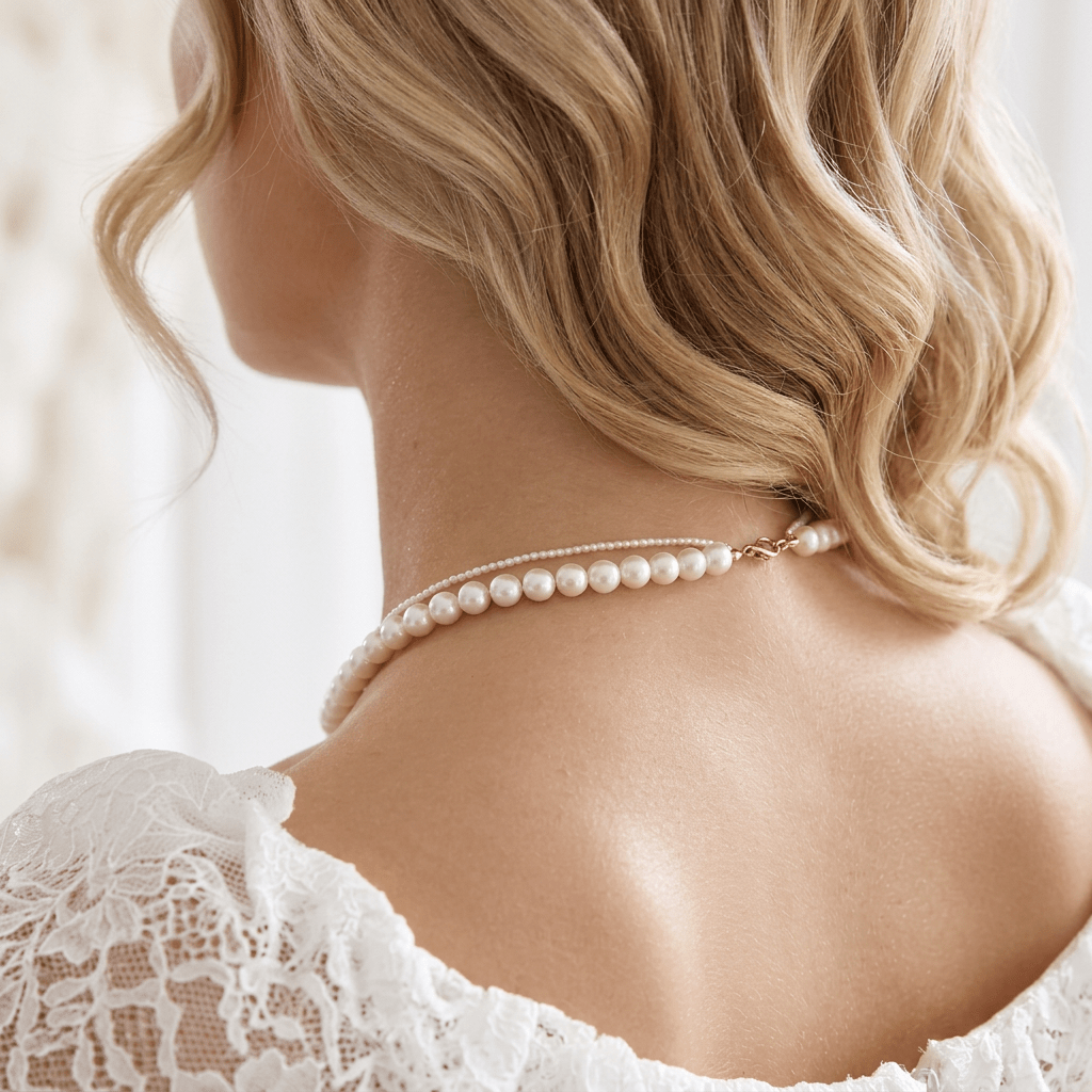 Collier de perles SOPHIE vu de dos avec son fin fermoir sur la nuque de la mariée