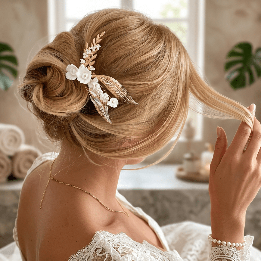 Goldene Boho Haarnadel Elena getragen in eleganter Hochsteckfrisur der Braut