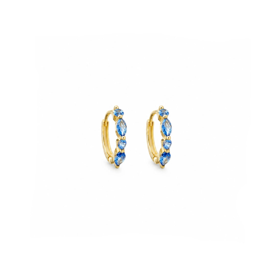 Goldene Creolen mit blauen Steinen aus vergoldetem 925 Silber, wasserfeste Gold Ohrringe, hypoallergener Schmuck für junge Frauen und Kinder
