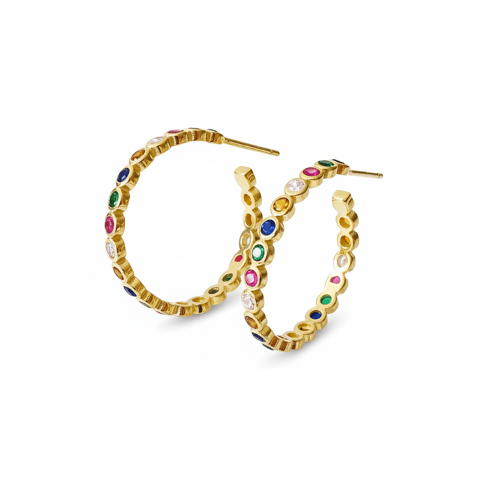 Gold Creolen mit bunten Steinen, mittelgroß, offene Creolen, boho Ohrringe aus 925 Silber, feine Gold Creolen mit Stecker