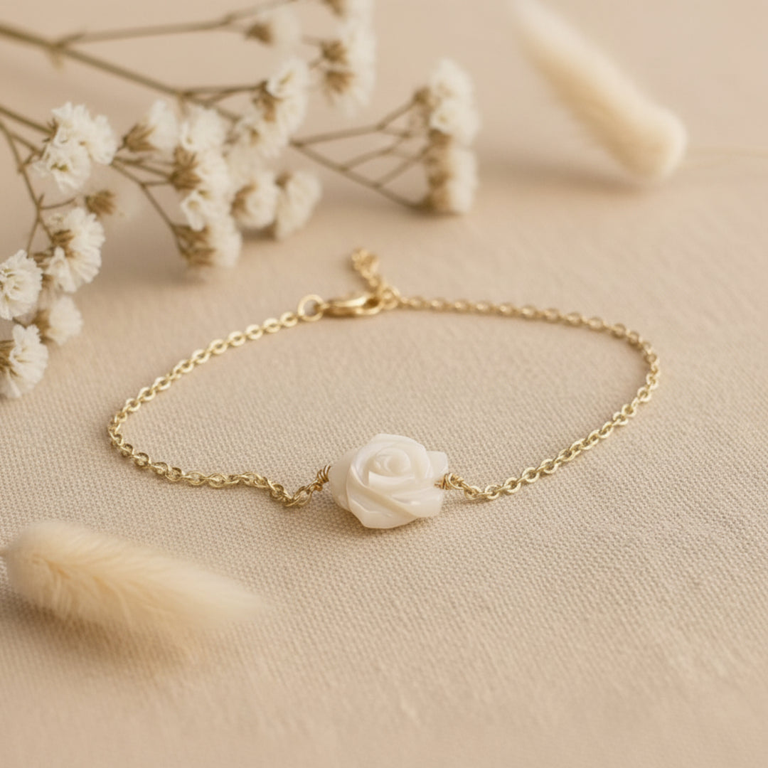 Dezentes Armband mit kleiner Rose aus Perlmutt, Brautschmuck, Braut-Armband-Schmuck-Set Hochzeit