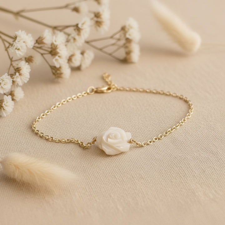Dezentes Armband mit kleiner Rose aus Perlmutt, Brautschmuck, Braut-Armband-Schmuck-Set Hochzeit