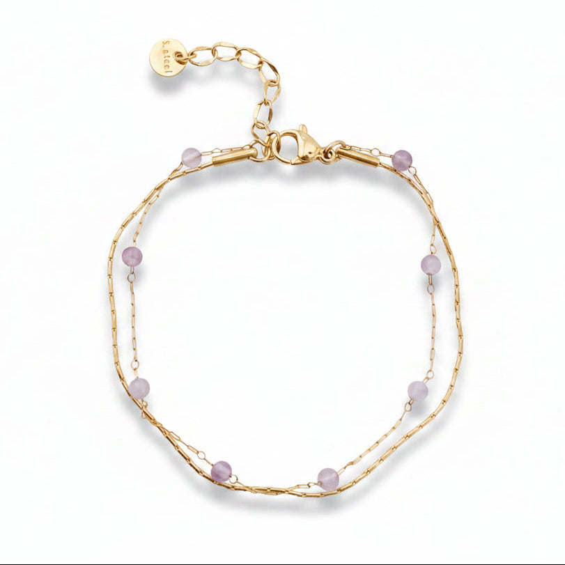Hauchzartes doppeltes Armband gold mit Amethyst Perlen, haltbarer wasserfester Schmuck aus Edelstahl 