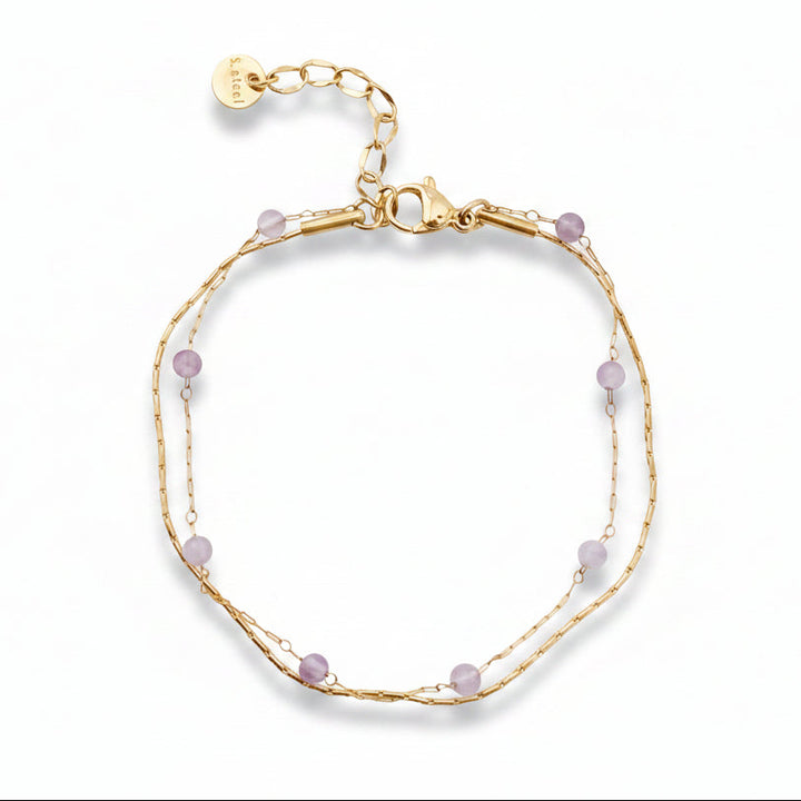 Hauchzartes doppeltes Armband gold mit Amethyst Perlen, haltbarer wasserfester Schmuck aus Edelstahl 