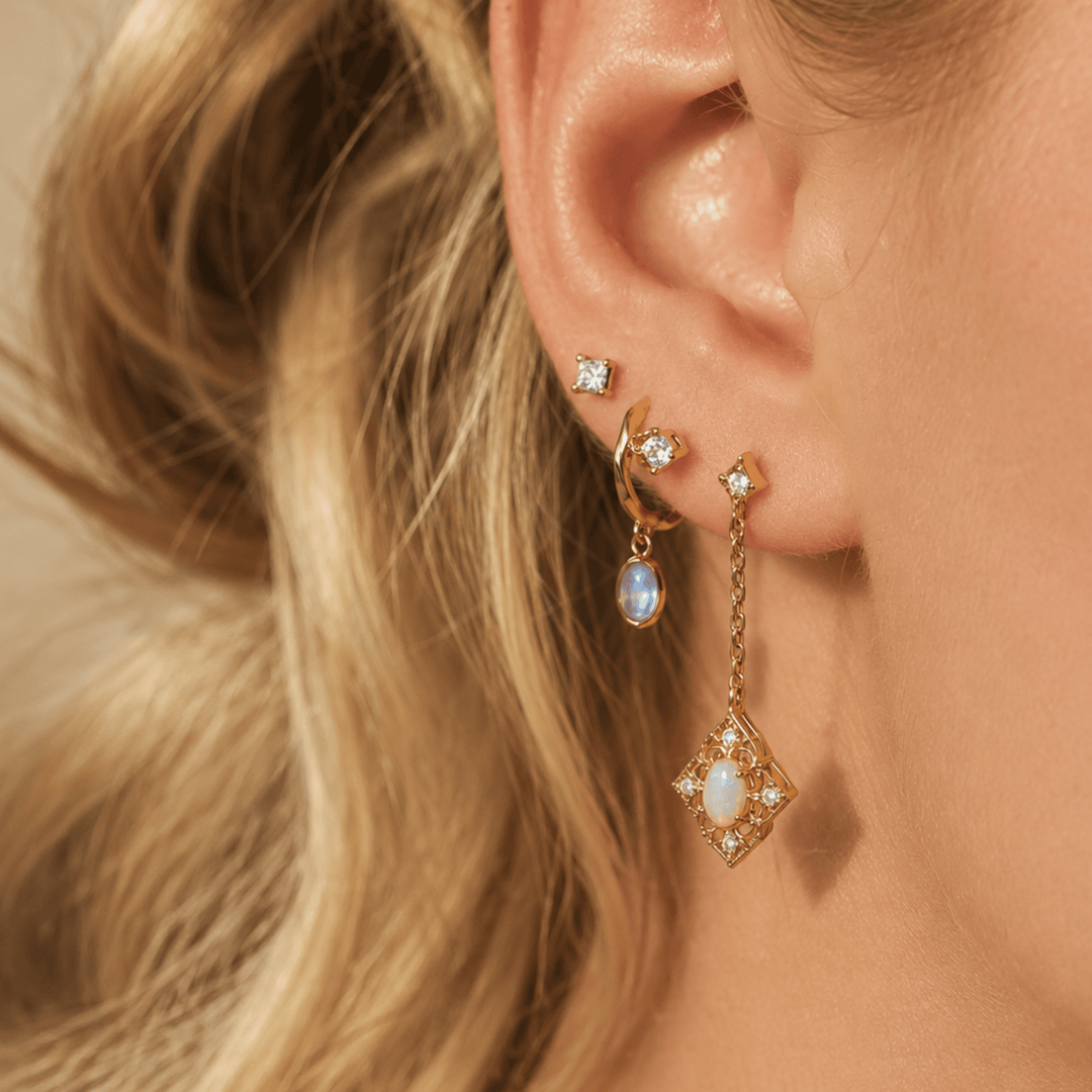 Hängende Ohrringe mit Stecker, Gold Kettchen Ohrringe, Boho Ohrringe zum Layern, gold Ohrringe mit bunten Steinen, wasserfest