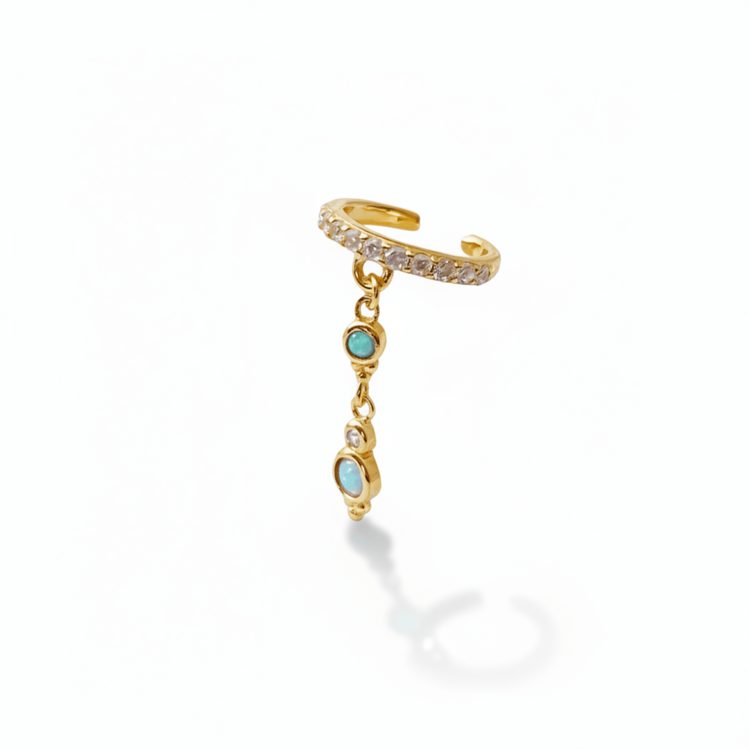 Vintage Chic Schmuck: Goldener Ear Cuff mit Opal Anhänger, Ohrring ohne Piercing, Glitzer Schmuck für junge Frauen